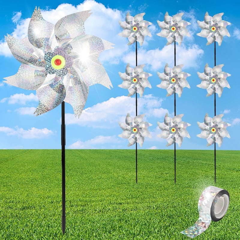 yorr 10Pack Pinwheels for Yard and Garden, Reflective Pinwheels to Scare Birds Away, Sparkly Sliver Pin Wheels with Bird Scare Tape for Outside (Pack of 10) - Image 1